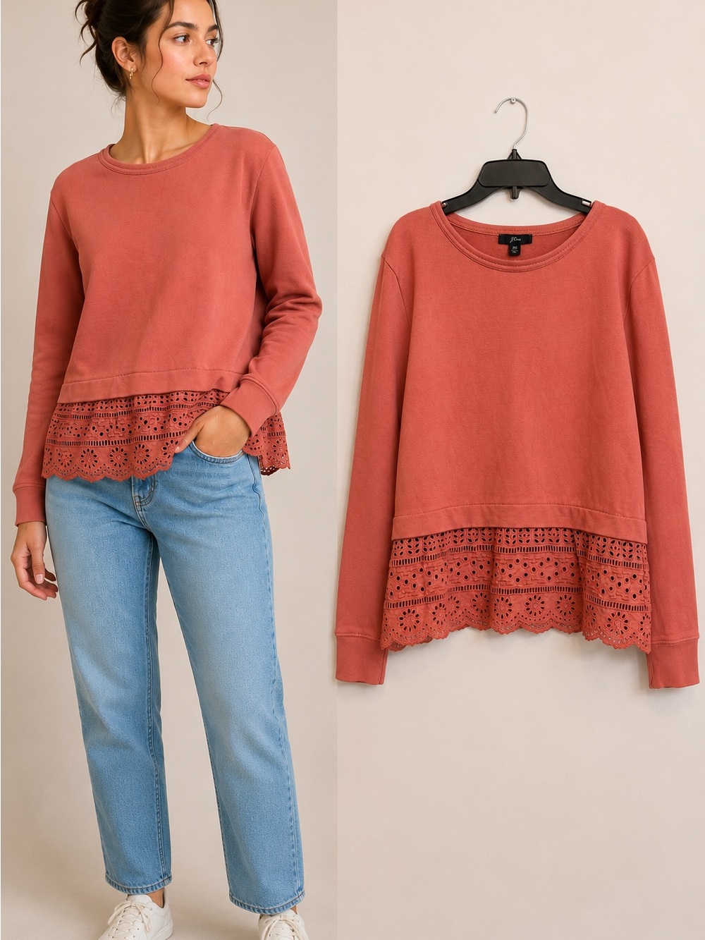 J.Crew Women’s Eyelet Lace Hem Sweatshirt XS Dusty Rose Long Sleeve Cotton Top